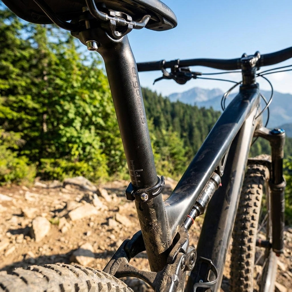 Ergotec Patentsattelstütze Viper schwarz aus Alu am Mountainbike im Gebirge.