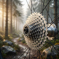 Silberne Shimano Deore XT CS-M770 9-fach Kassette 11-34Z an einem MTB-Hinterrad auf einem nebligen Waldtrail.