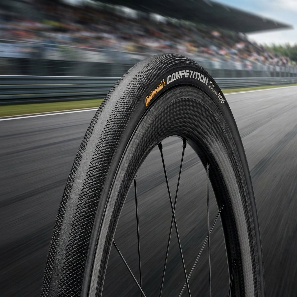 Continental Competition Schlauchreifen 28 Zoll x25mm schwarz auf Carbonrad auf Rennstrecke.