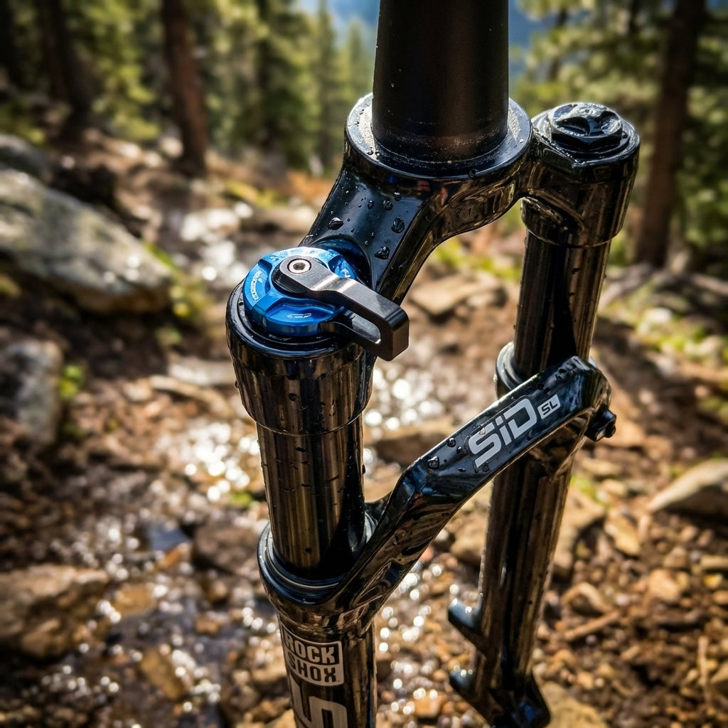 RockShox SID SL Federgabel mit blauem RaceDay Kompressionsdämpfer-Einstellknopf auf einem nassen Mountainbike-Trail.