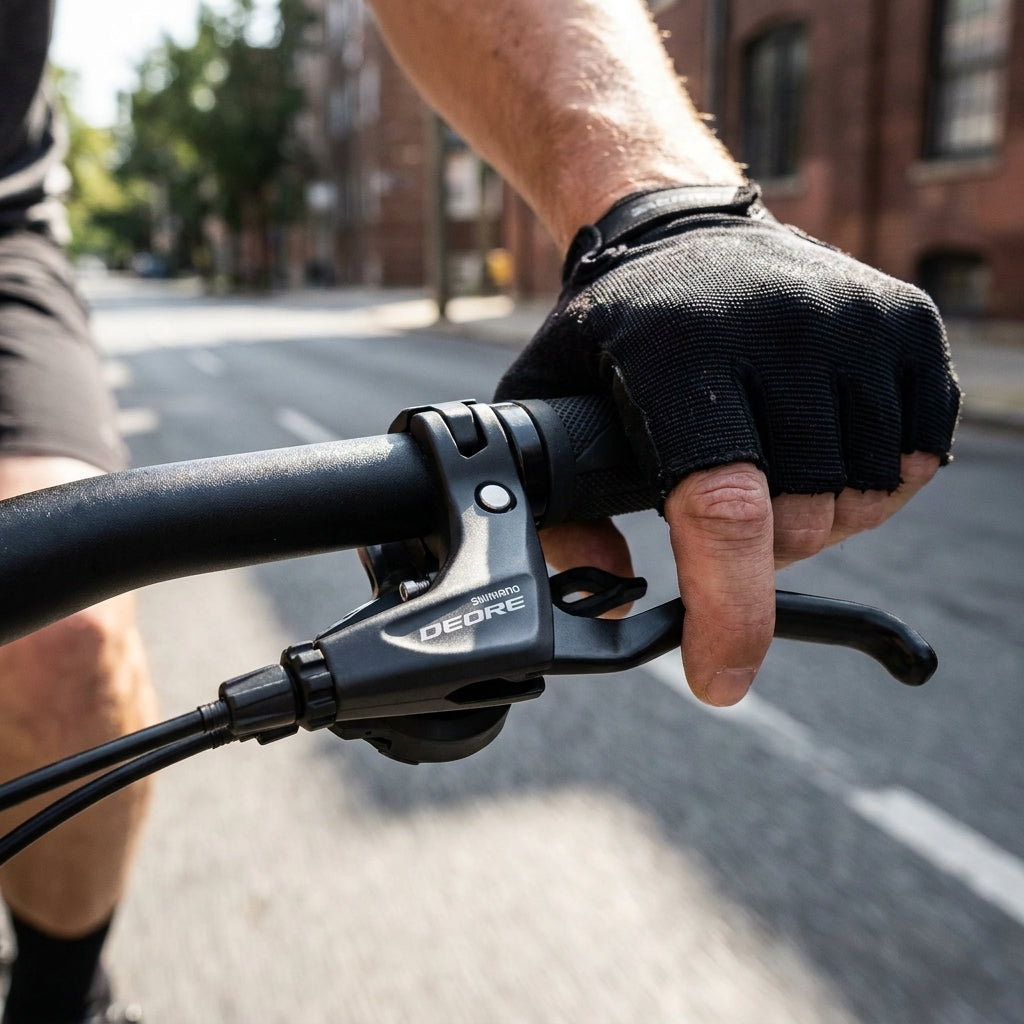 Shimano Deore Bremshebel links am Fahrradlenker, von Hand mit Handschuh bedient. Für V-Brakes und Scheibenbremsen.
