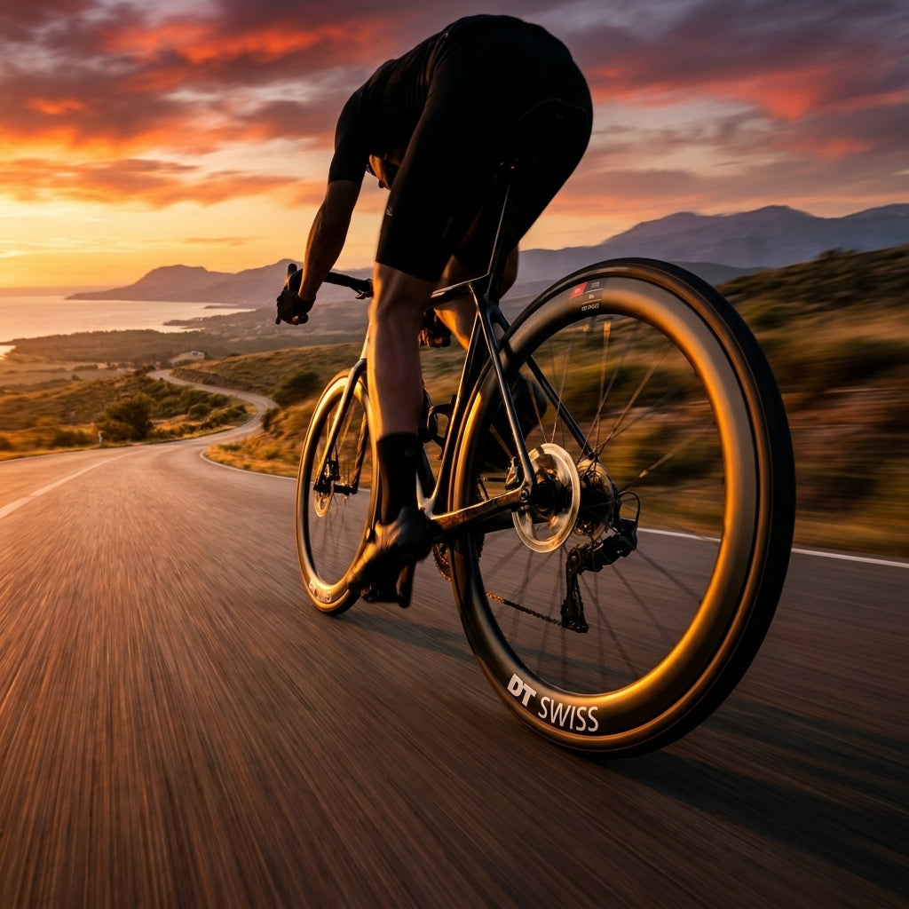 DT Swiss ERC 1100 DICUT Carbon-Laufrad am Rennrad bei Sonnenuntergang. Aerodynamisch und schwarz.