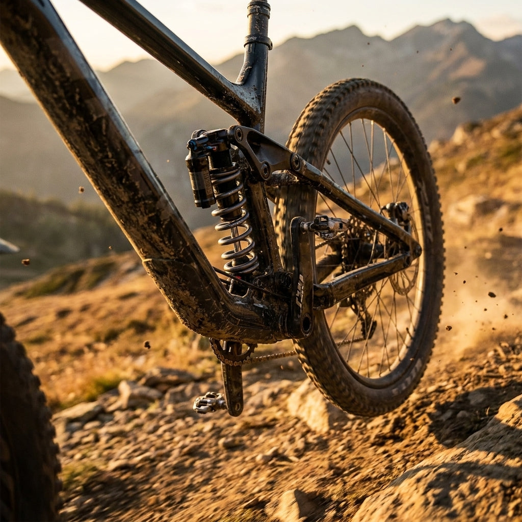 RockShox Dämpfer Baugruppe am Mountainbike in Aktion auf Trail. Schmutziges Hinterrad in bergiger Landschaft.