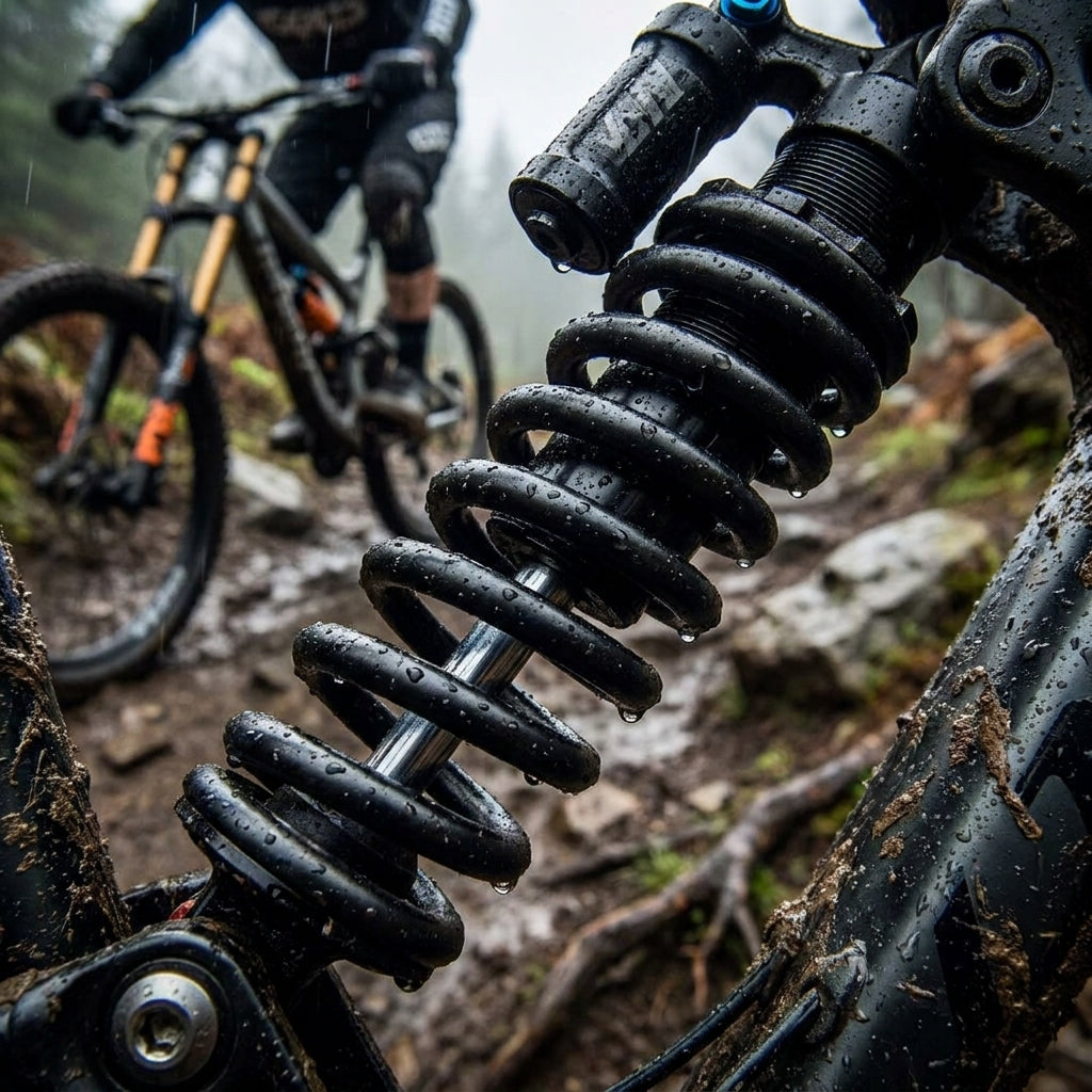 RockShox Metric Coil Feder für Dämpfer (250LB) am schlammigen Mountainbike auf nassem Trail.