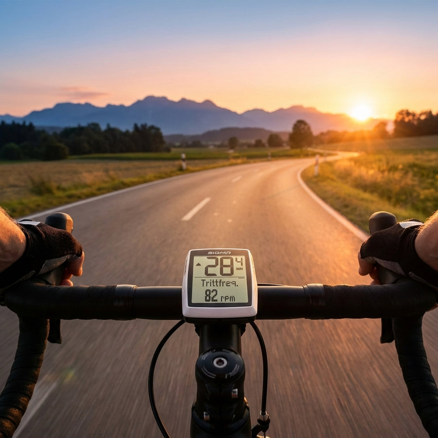 Sigma BC 12.0 WR Fahrradcomputer Schwarz/Weiß zeigt 28.4 km/h und 82 rpm Trittfrequenz beim Radfahren im Sonnenuntergang.