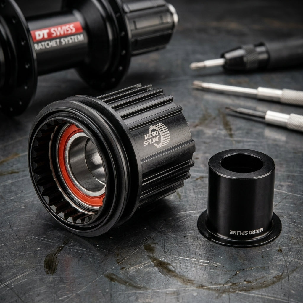 DT Swiss Freilauf/Rotor Umrüstkit Shimano Micro Spline für Ratchet-Naben mit Endkappe und Werkzeug auf Metalltisch.