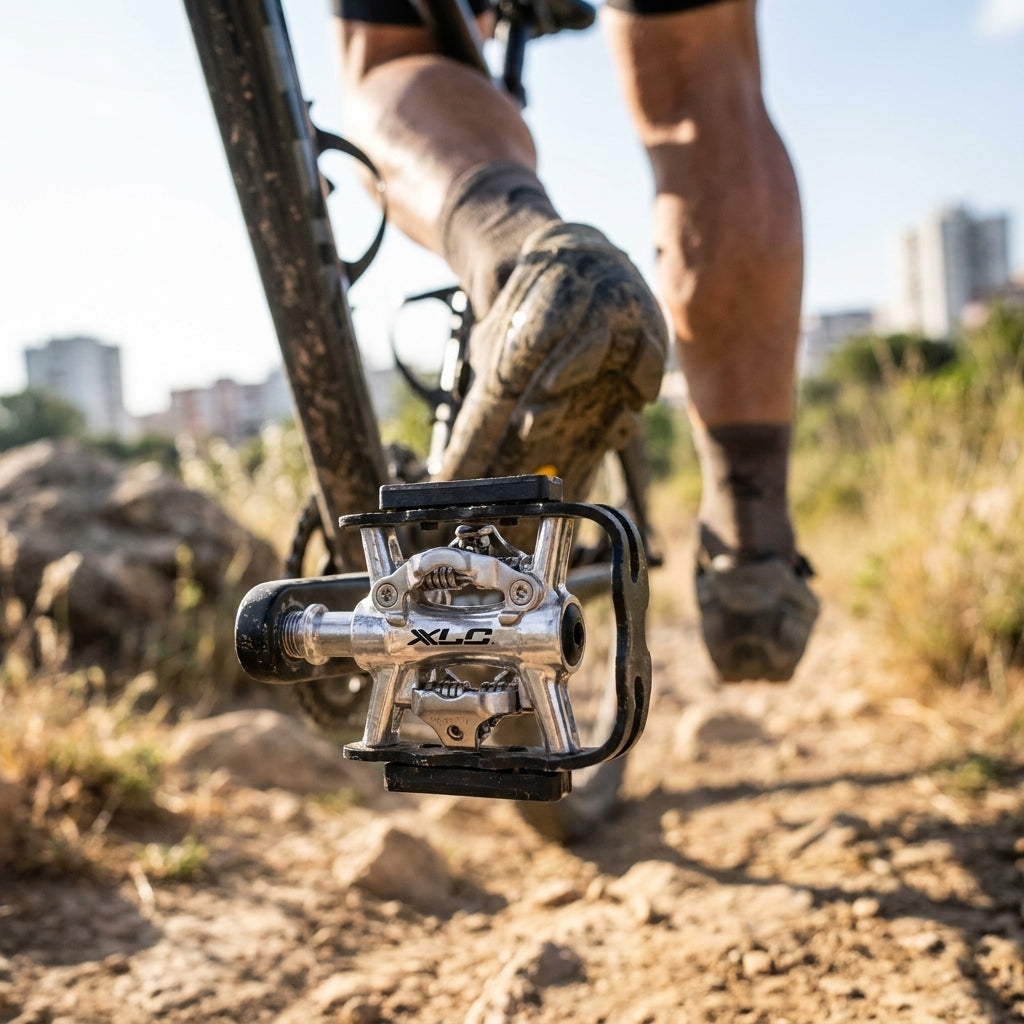XLC PD-S20 SPD-Klickpedal am Mountainbike auf staubigem Trail. Nahaufnahme des Pedals.