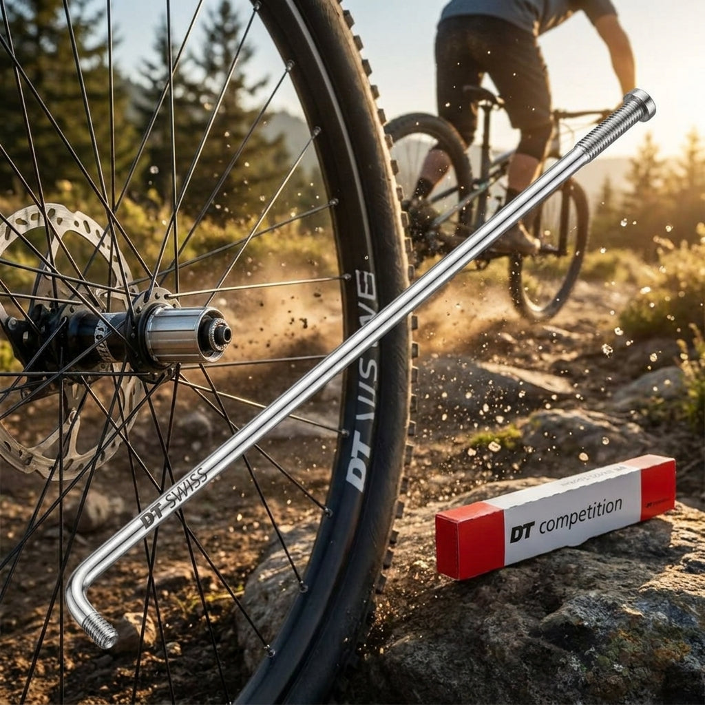 DT Swiss Competition Speiche silber, robust und leicht, vor Mountainbike-Laufrad und Radfahrer in bergiger Landschaft.