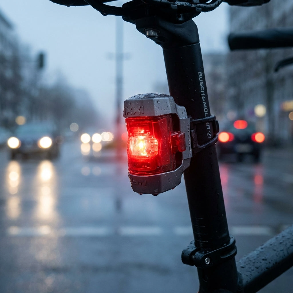 Busch&Müller IXXI LED-Rücklicht StVZO am Fahrrad, rot leuchtend im Regen mit Wassertropfen.