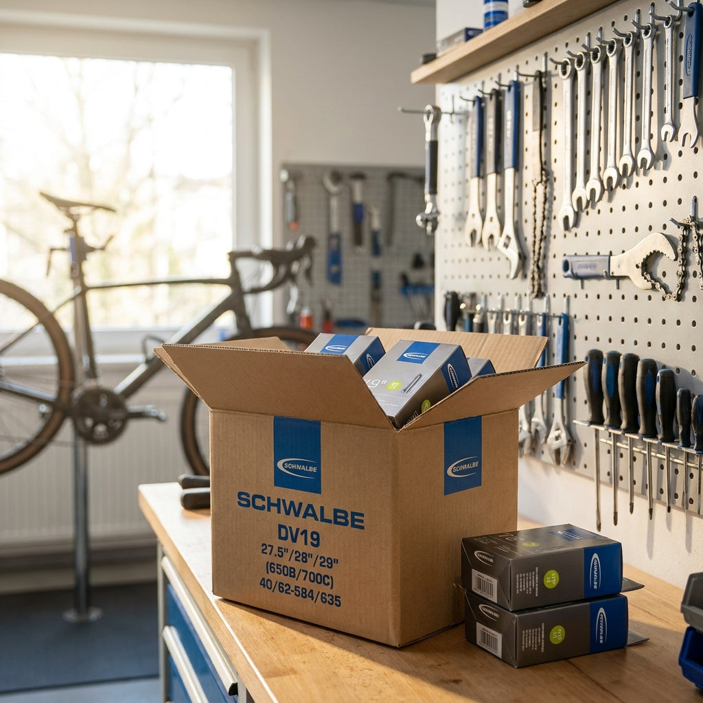 Schwalbe Schlauch DV19 Werkstattpackung 50er Box. Fahrradschlauch für 27,5 28 29 Zoll Reifen. Profi-Qualität.