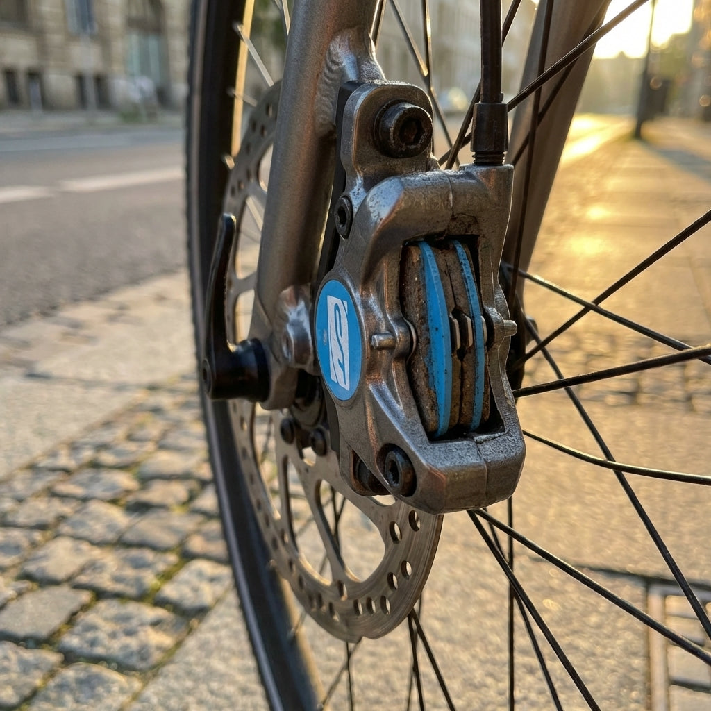 Nahaufnahme der blauen Contec Scheibenbremsbeläge CBP-310 organisch montiert in einem Bremssattel am Fahrrad.