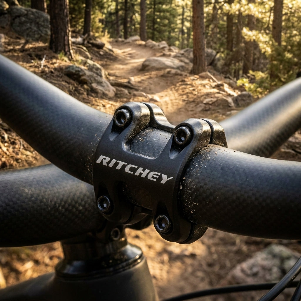 Ritchey WCS Trail Vorbau mit Carbon-Lenker 31,8mm auf MTB-Trail. Leicht, robust, hochwertige Verarbeitung.