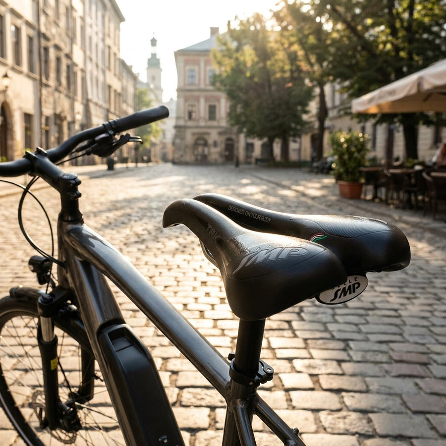 Selle SMP TRK Medium Gel Herren Fahrradsattel schwarz auf E-Bike in sonniger Altstadt.
