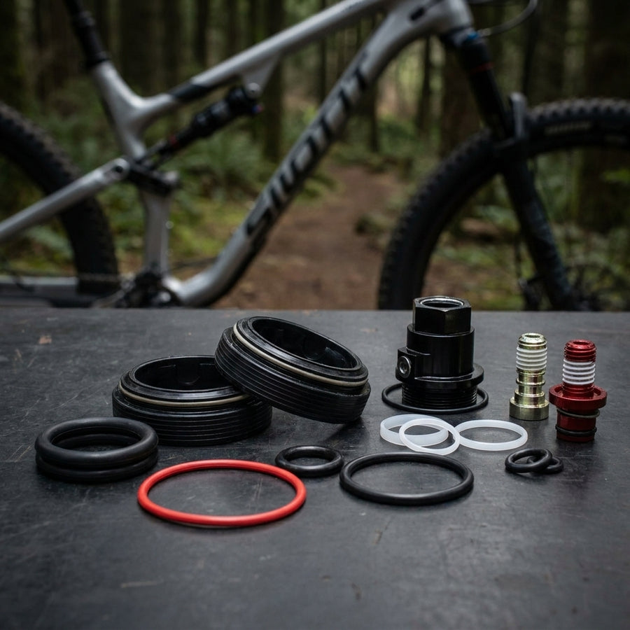 RockShox Federgabel Service-Kit RS-1 mit Dichtungen und O-Ringen auf schwarzem Untergrund vor Mountainbike im Wald.