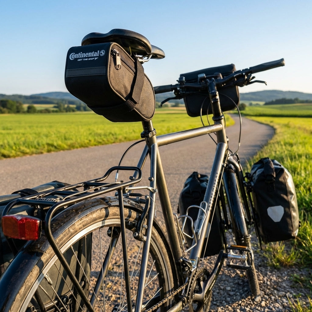 Continental Satteltasche Tour 28 D40 am bepackten Tourenrad in grüner Landschaft.