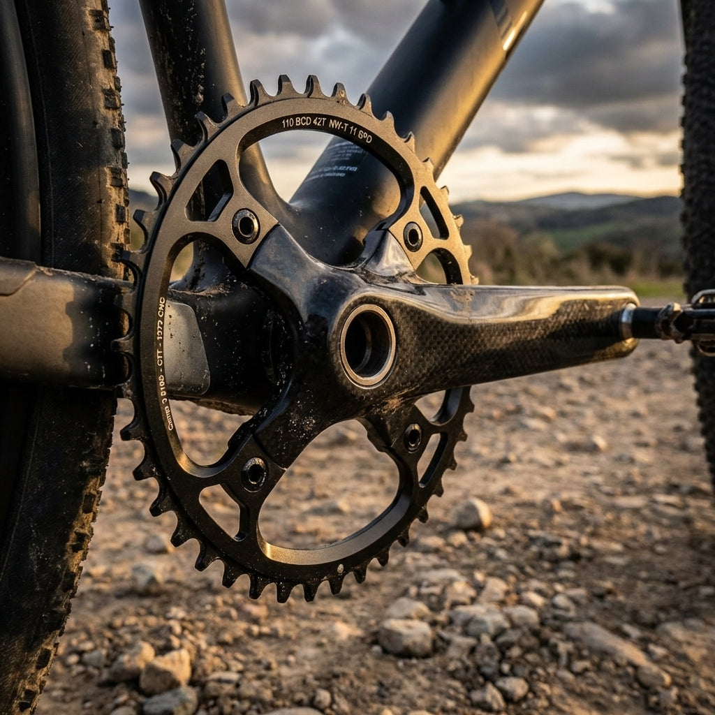 Stronglight Kettenblatt 4-Arm D.A.9100 auf Carbon-Kurbel eines Fahrrads auf Schottergrund.