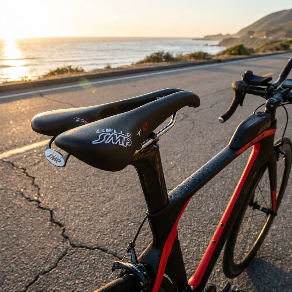 Selle SMP Triathlon T2 Sattel schwarz, 260x156mm, auf einem Rennrad an einer Küstenstraße bei Sonnenuntergang.