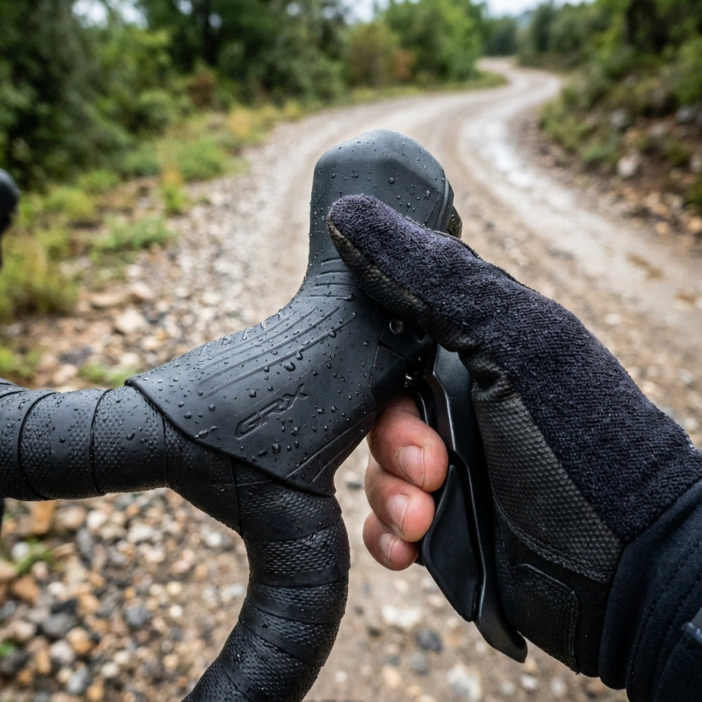 SHIMANO GRX ST-RX825 Griffgummi am Schaltbremshebel auf nassem Gravelbike-Lenker. Komfortabler Grip auf Schotterweg.