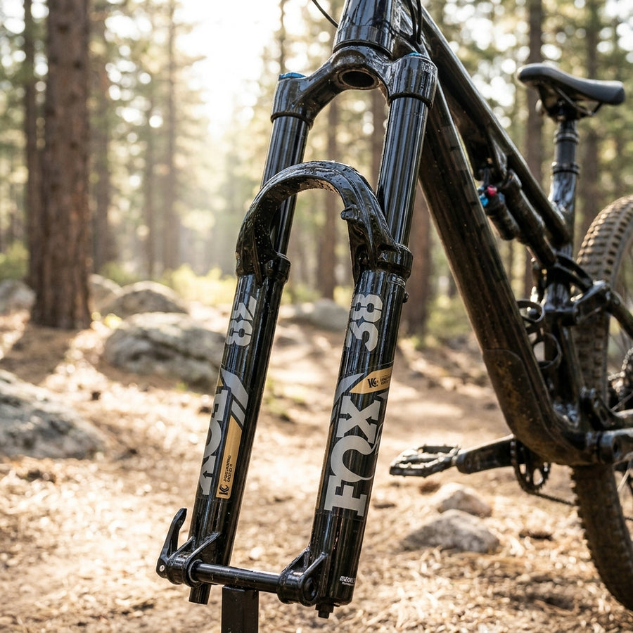 FOX Decal Kit 38 F-S Kashima/Gray Logo auf glänzend schwarzer Federgabel. Mountainbike Upgrade für Race-Look.