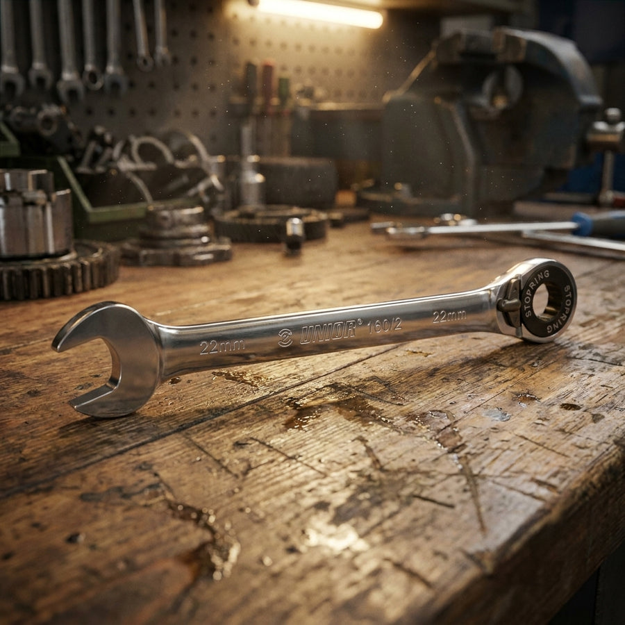 Unior 160-2 Fahrrad-Gabelratschenringschlüssel 12mm auf abgenutzter Holzwerkbank in beleuchteter Werkstatt.