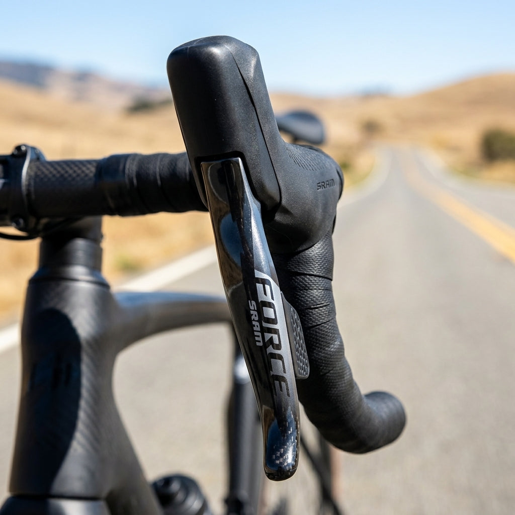 SRAM Force eTap AXS Schalt-/Bremseinheit rechts DISC D1 am Rennrad-Lenker auf offener Straße.