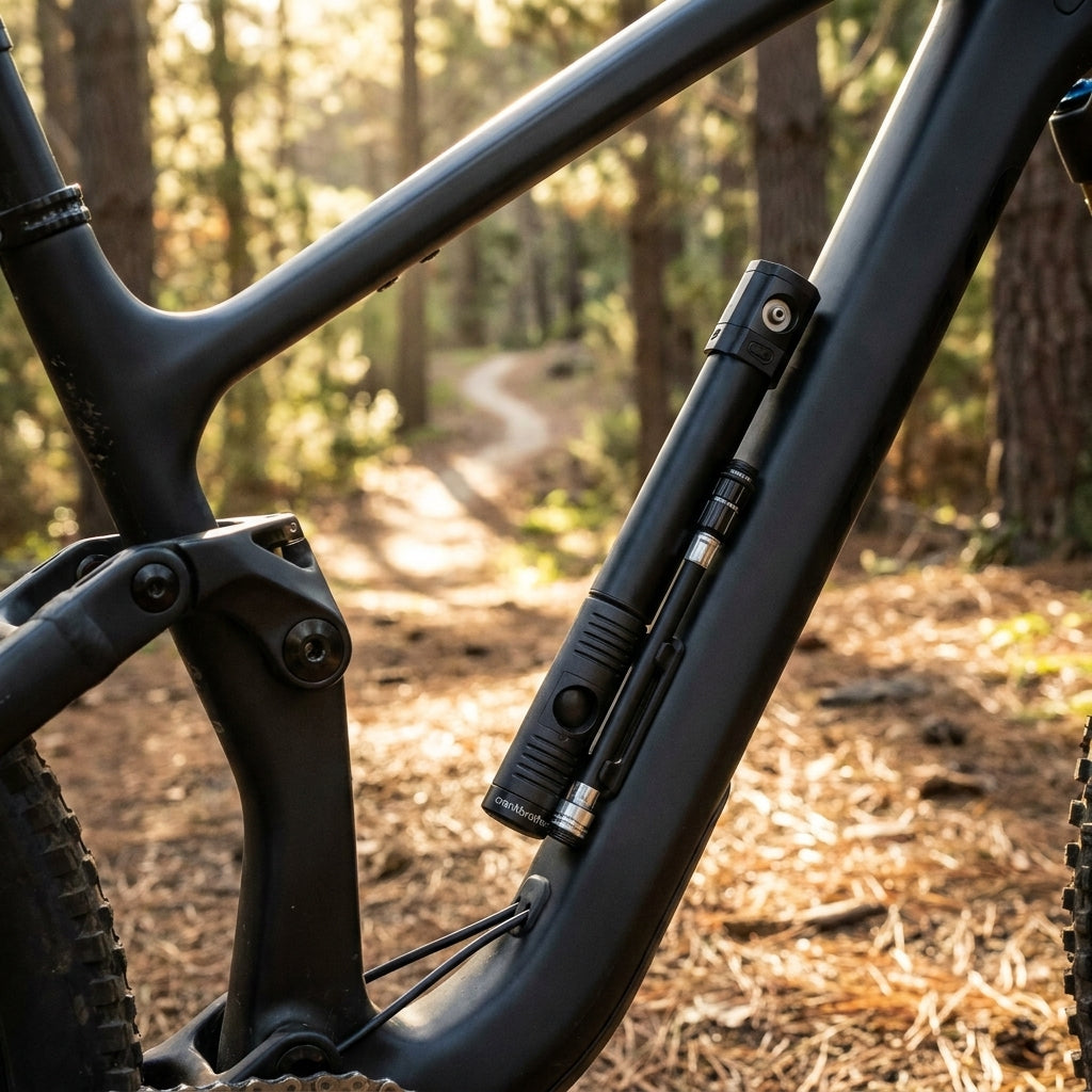 Crankbrothers Klic HV Handpumpe Midnight Edition schwarz mit Rahmenhalter am Mountainbike im Wald.