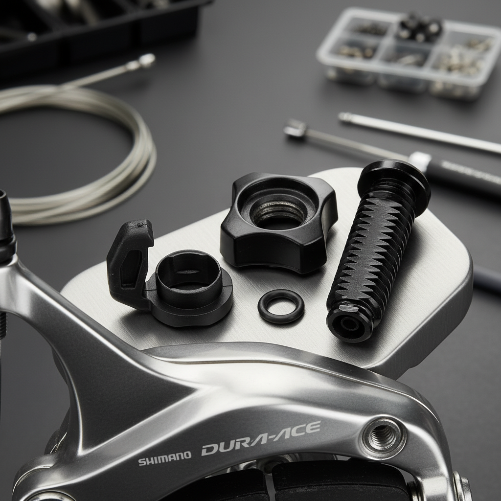 SHIMANO BR-9000 HR Einstellschraube, schwarz, auf silberner Platte mit weiteren Dura-Ace Fahrradbremskomponenten.