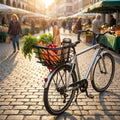 AtranVelo Korb Epic M schwarz mit AVS Adapter am Fahrrad, gefüllt mit frischen Einkäufen auf einem Markt.