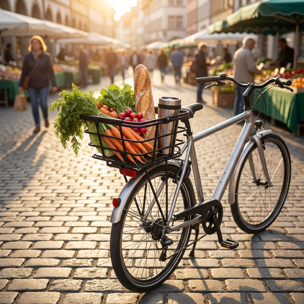 AtranVelo Korb Epic M schwarz mit AVS Adapter am Fahrrad, gefüllt mit frischen Einkäufen auf einem Markt.