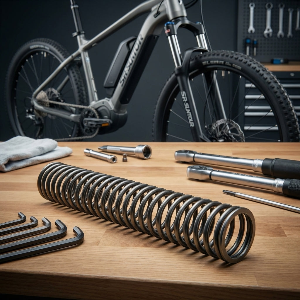 SR-Suntour Spiralfeder mittel für MOBIE45 80mm auf Werkbank vor E-Bike mit SR Suntour Federgabel und Werkzeug.