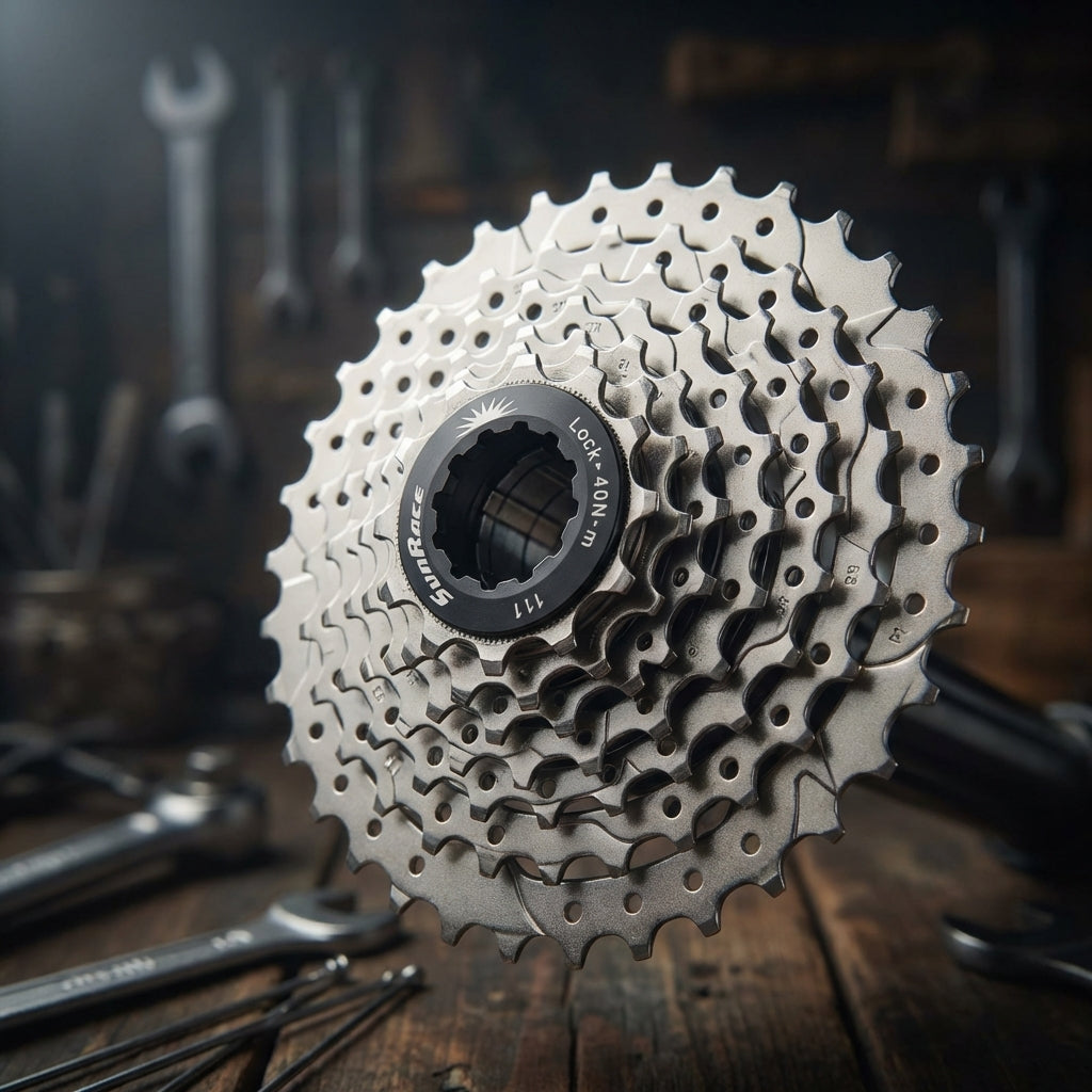 SunRace Kassette CSM980 9-fach 11-40z für MTB, Sram/Shimano kompatibel, auf Werkbank mit Werkzeug.