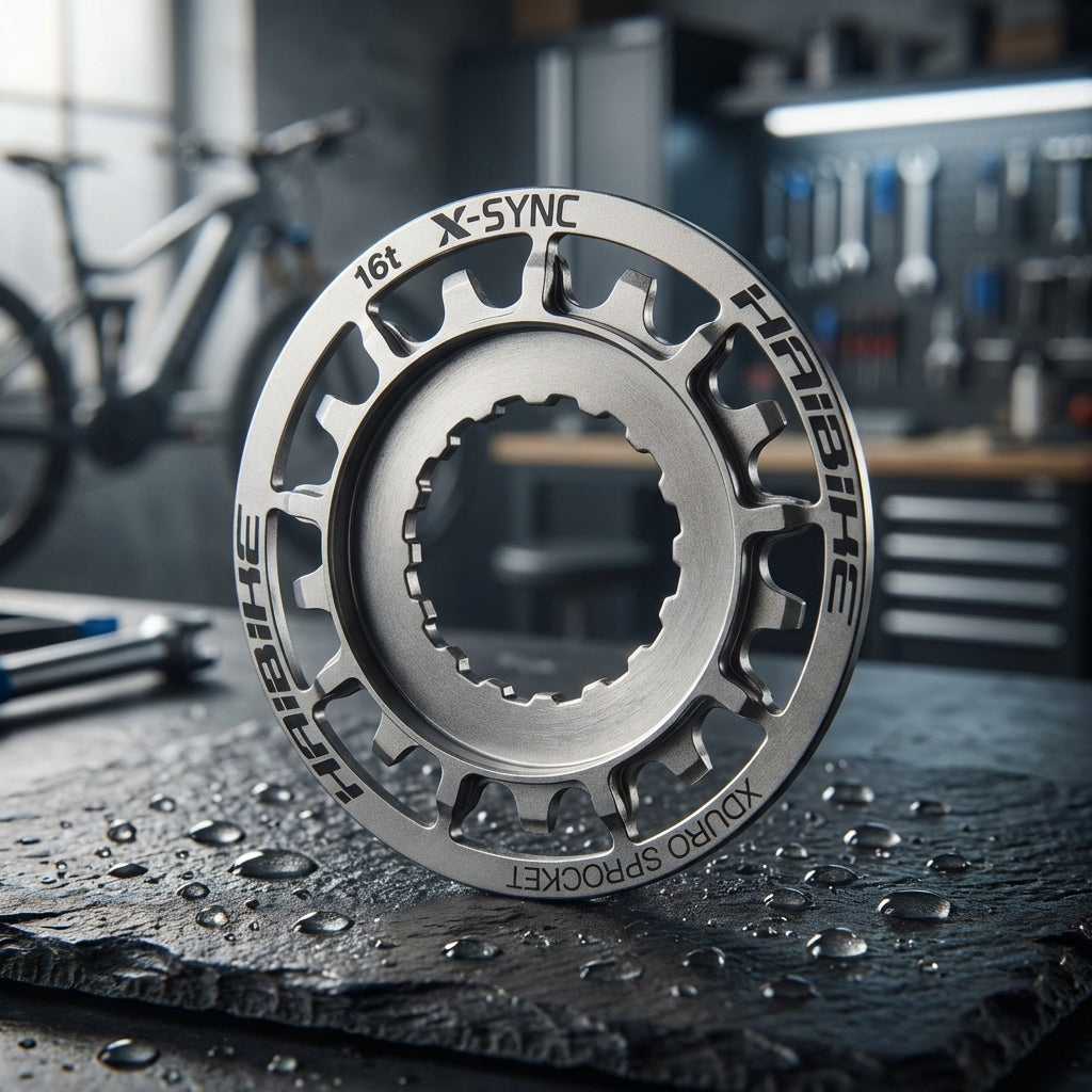 Haibike Xduro Edelstahl Antriebsritzel 16 Zähne silber für Bosch Gen2 E-Bike Kettenblatt auf feuchtem Untergrund.
