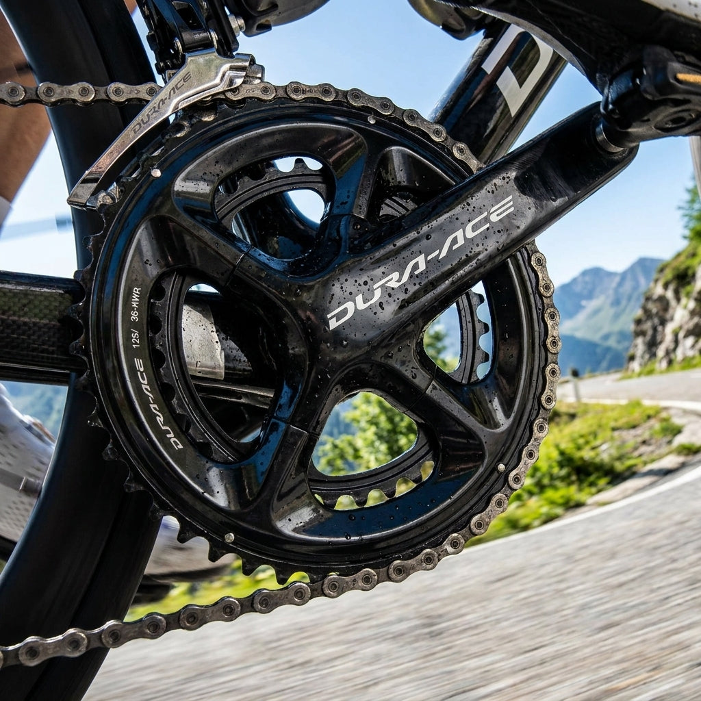SHIMANO DURA-ACE FC-R9200 Kettenblatt 34 Zähne am Rennrad für maximale Schaltpräzision auf bergiger Straße.