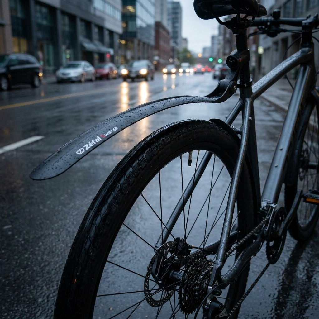 Zefal HR Spritzschutz Swan Road Schutzblech am Fahrrad auf nasser Straße.