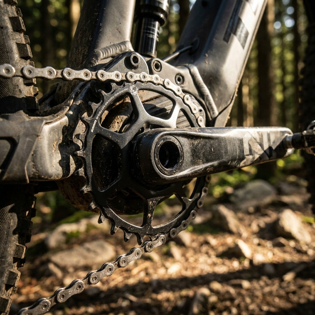 Schwarzes SRAM X-Sync E-MTB 2 Eagle 36T Kettenblatt mit Kette am E-Mountainbike im Wald.