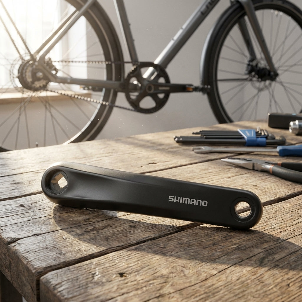 SHIMANO Kurbelarm Links FC-TX801 170mm Schwarz auf Holztisch mit Fahrradwerkzeug und Fahrrad im Hintergrund.