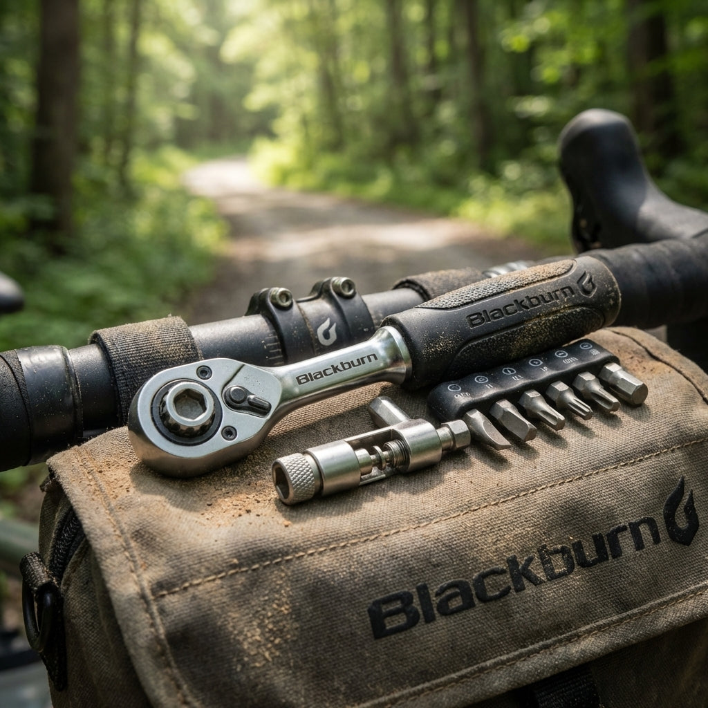 Blackburn Big Switch Ratchet Multitool auf Fahrradtasche. Kompaktes Tool mit Ratsche, Innensechskant, Torx, Kettennieter.