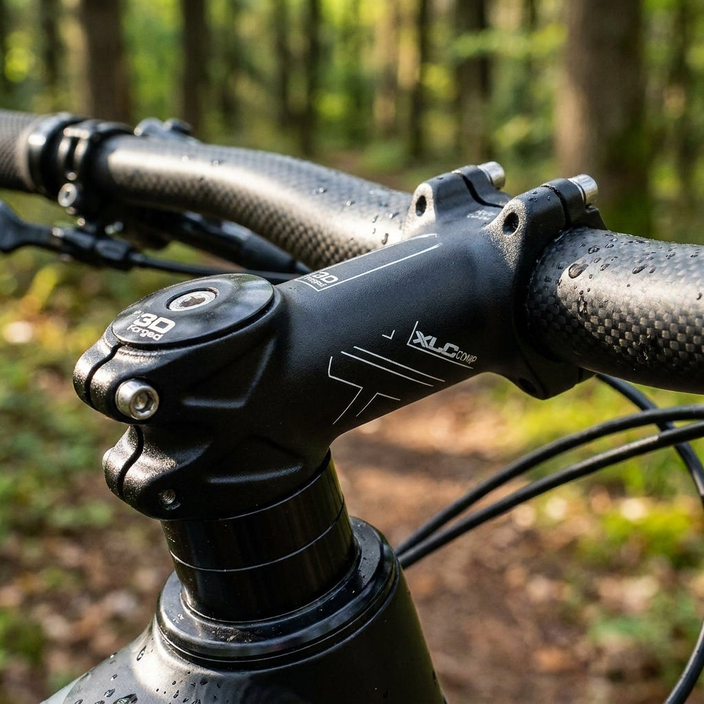 XLC Comp Ahead Vorbau ST-M15 schwarz am Fahrrad, 3D Forged, mit Carbon-Lenker und Wassertropfen im Wald.