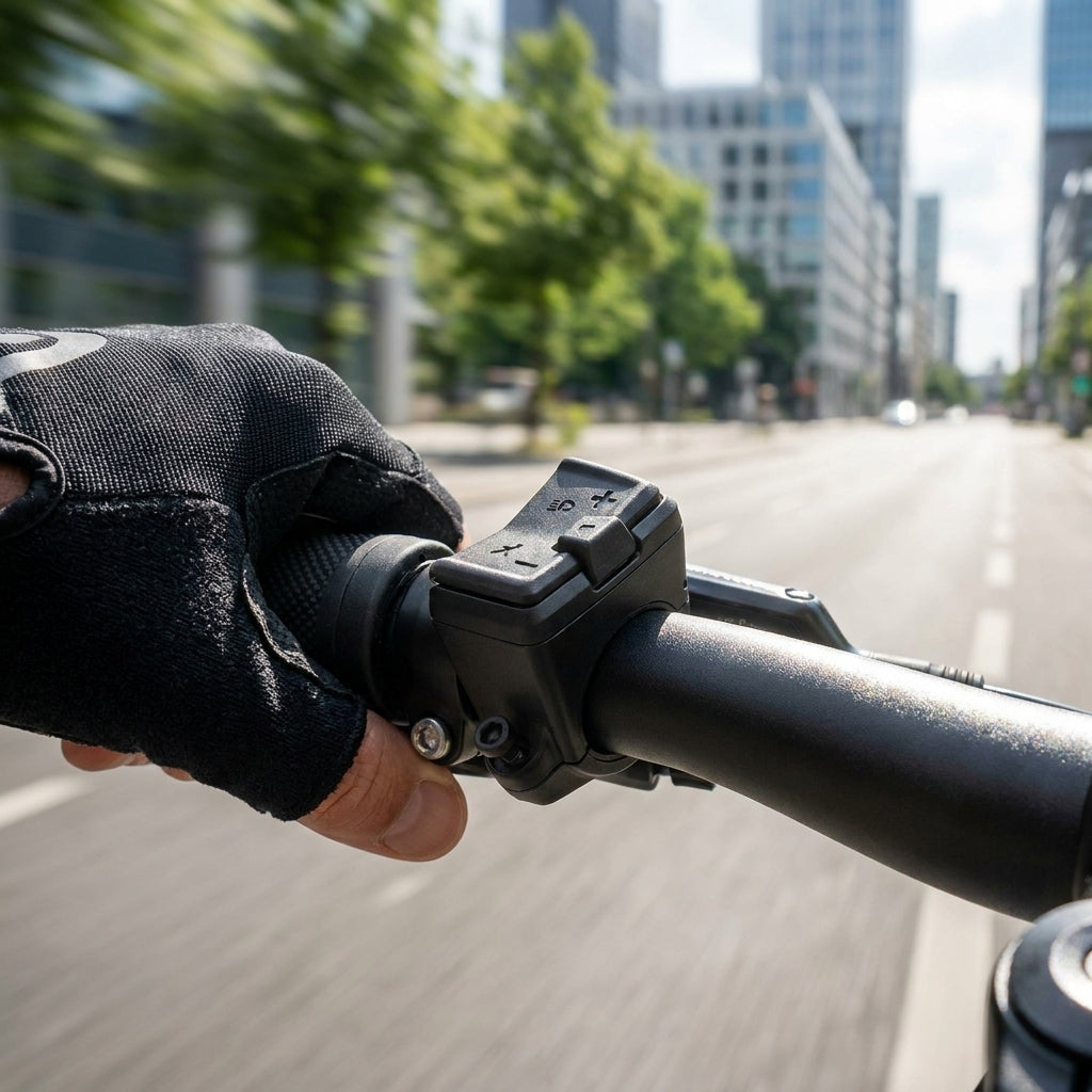 Bosch Mini Remote BRC3300 am E-Bike Lenker: Kompakte Fernbedienung für mehr Kontrolle, Sicherheit und Komfort beim Fahren.