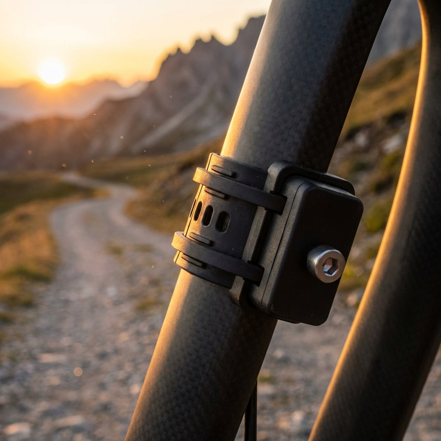 Zéfal Universalbefestigung Gizmo für Flaschenhalter, flexibel am Fahrrad montiert, bei Sonnenuntergang in den Bergen.