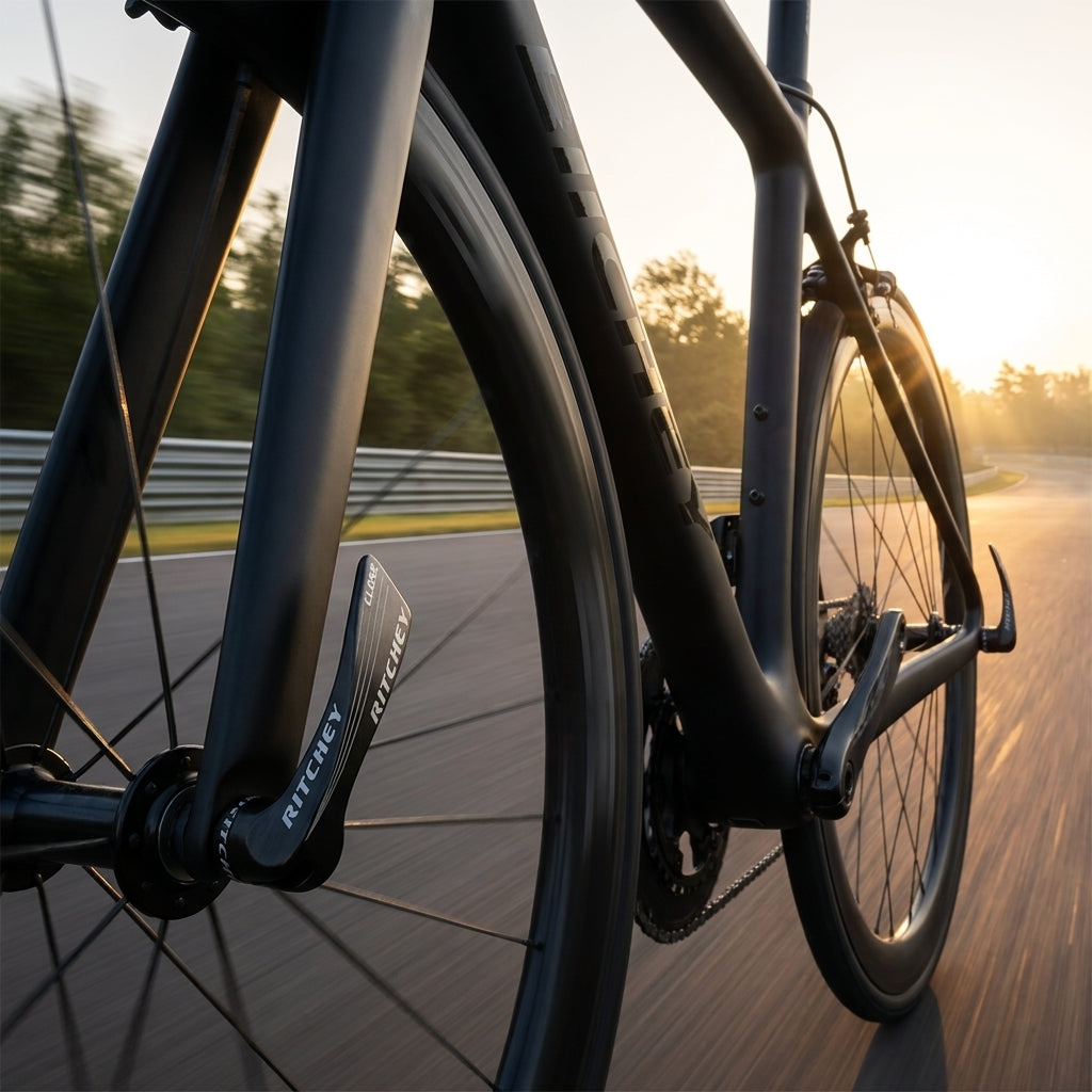 Ritchey Nabenschnellspanner Edelstahl Road 100-130mm schwarz am Rennrad auf Rennstrecke bei Sonnenuntergang.