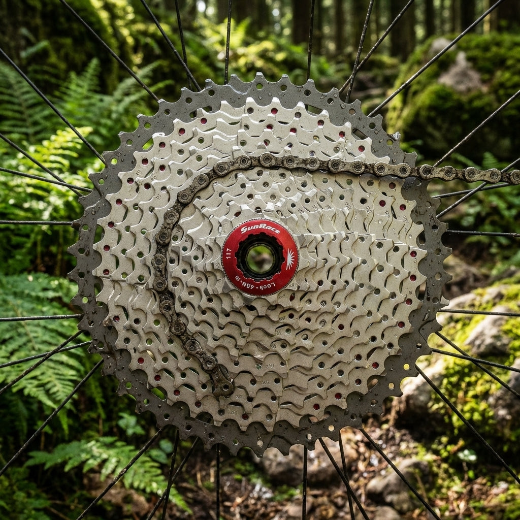 SunRace CSMX8 11-fach Kassette 11-42 Zähne am Mountainbike-Hinterrad mit Kette im Wald.