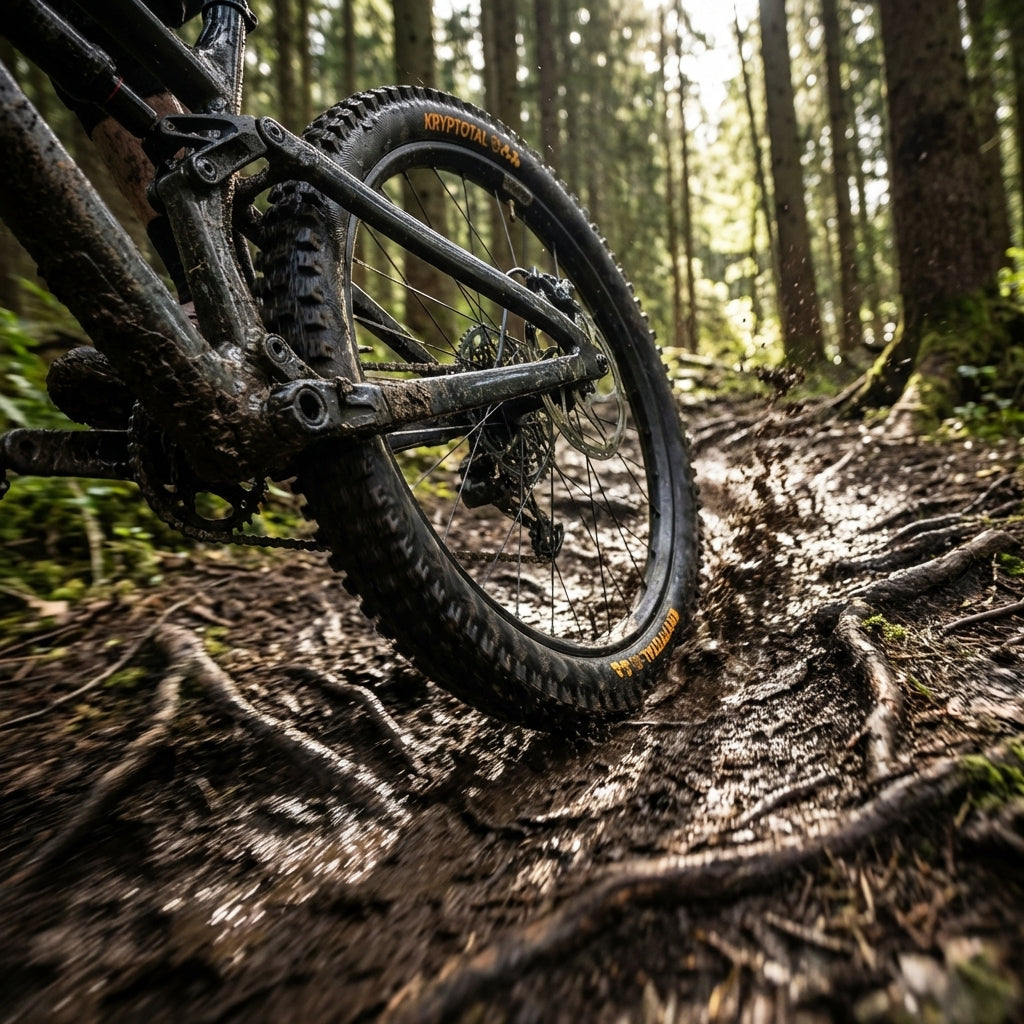 Continental Kryptotal-R Trail Reifen am Mountainbike auf schlammigem Waldweg mit Wurzeln.