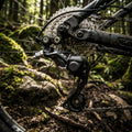 Detailaufnahme Shimano Deore XT RD-M786 10-fach Schaltwerk am Hinterrad eines Mountainbikes im Wald.