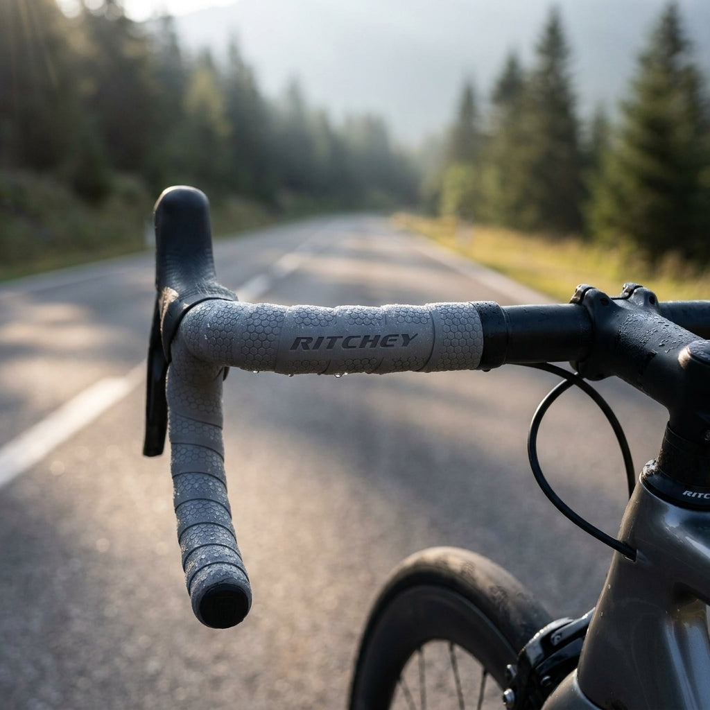 Ritchey Superlogic Ergo Griff grau am Fahrradlenker mit Wassertropfen auf sonniger Bergstraße.
