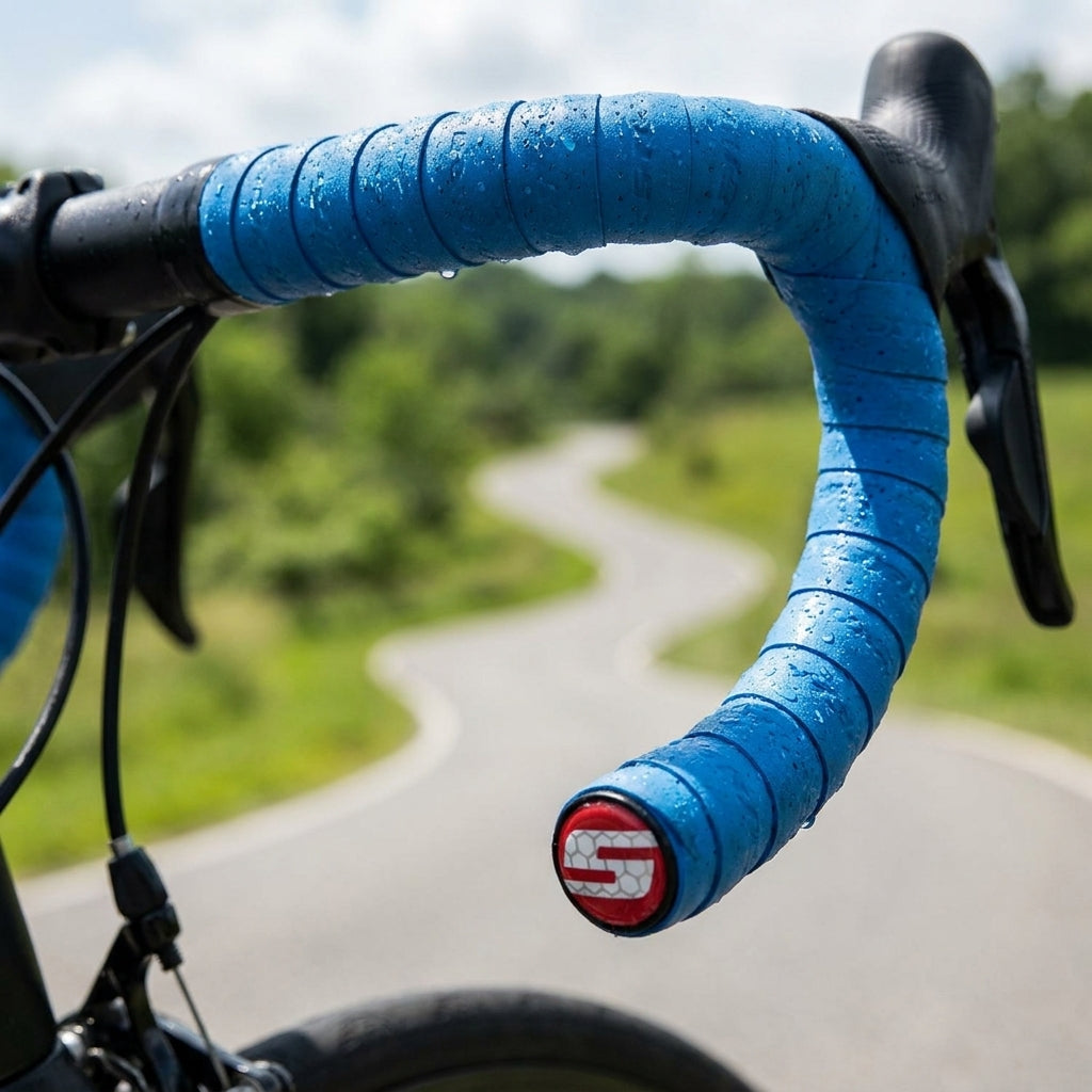 SRAM SuperCork blaues, komfortables Vinyl-Lenkerband mit Wassertropfen auf kurviger Straße.