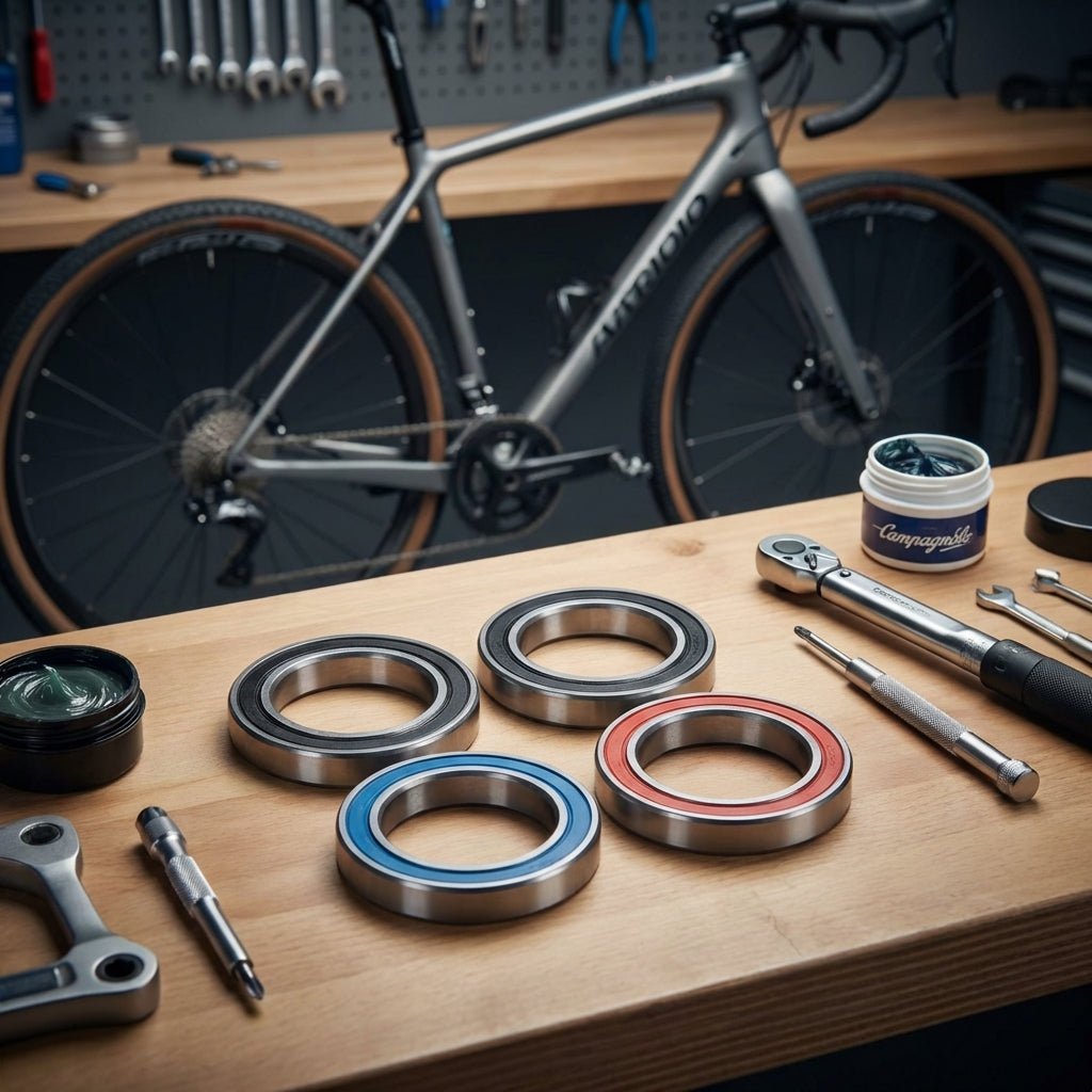 Campagnolo Gravel/CX Industrielager Nabe Kit mit Rillenkugellagern, Werkzeug und Fett auf Werkbank vor Fahrrad.