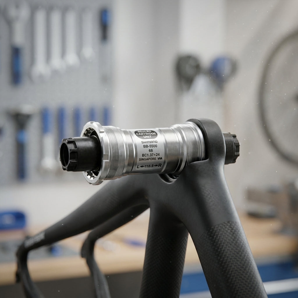 SHIMANO 105 Innenlager 68/118mm BSA im Rennradrahmen für zuverlässige Kraftübertragung.