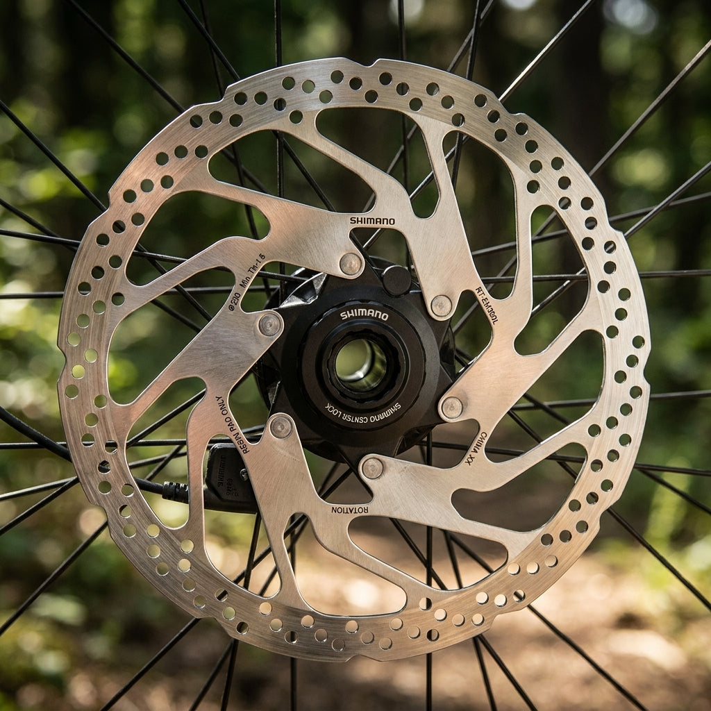SHIMANO RT-EM300 203mm Scheibenbremse für Geschwindigkeitssensor, montiert am Fahrradrad.