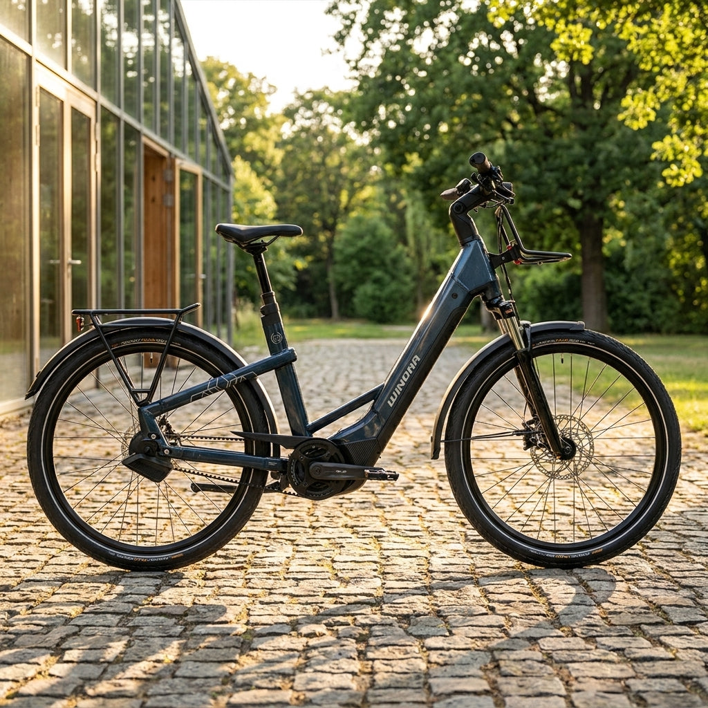 Winora Yakun ENV ABS Low SUV E-Bike cavalry-denim, Bosch CX, Enviolo Automatiq, auf sonnigem Kopfsteinpflaster.
